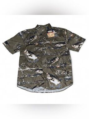 Magellan Sportswear Men's Medium Bass Fishing Graphic Button Down Shirt Brown
